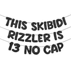 Fulmoon Pre Strung Skibidi Rizzler 13 No Cap Glitter Banner — 13th Birthday Decorations (Black)