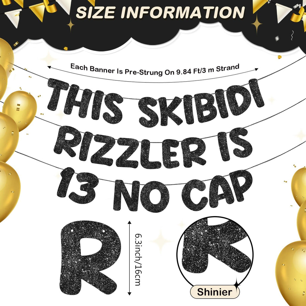 Fulmoon Pre Strung Skibidi Rizzler 13 No Cap Glitter Banner — 13th Birthday Decorations (Black)