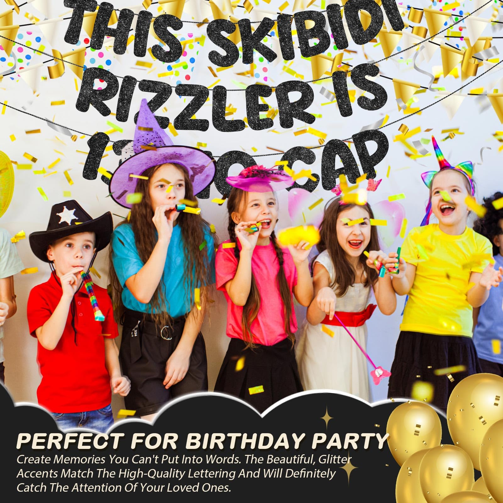 Fulmoon Pre Strung Skibidi Rizzler 13 No Cap Glitter Banner — 13th Birthday Decorations (Black)