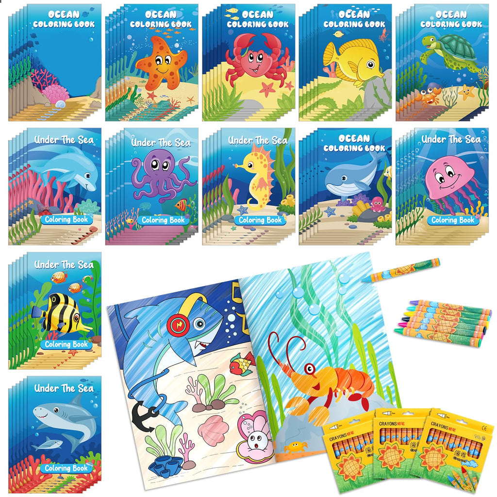 Fulmoon 144 Pcs Under the Sea Mini Coloring Books with Crayons for Kids | Ocean Animals Party Favors