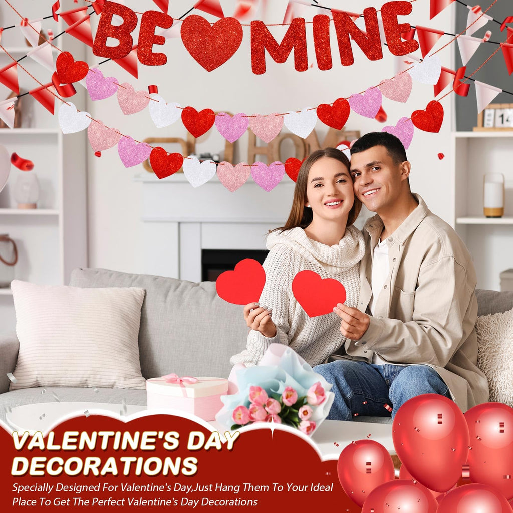 Fulmoon Be Mine Glitter Valentine Banner – Pre-Strung Heart Garland for Valentine's Day, Weddings & Home Decor