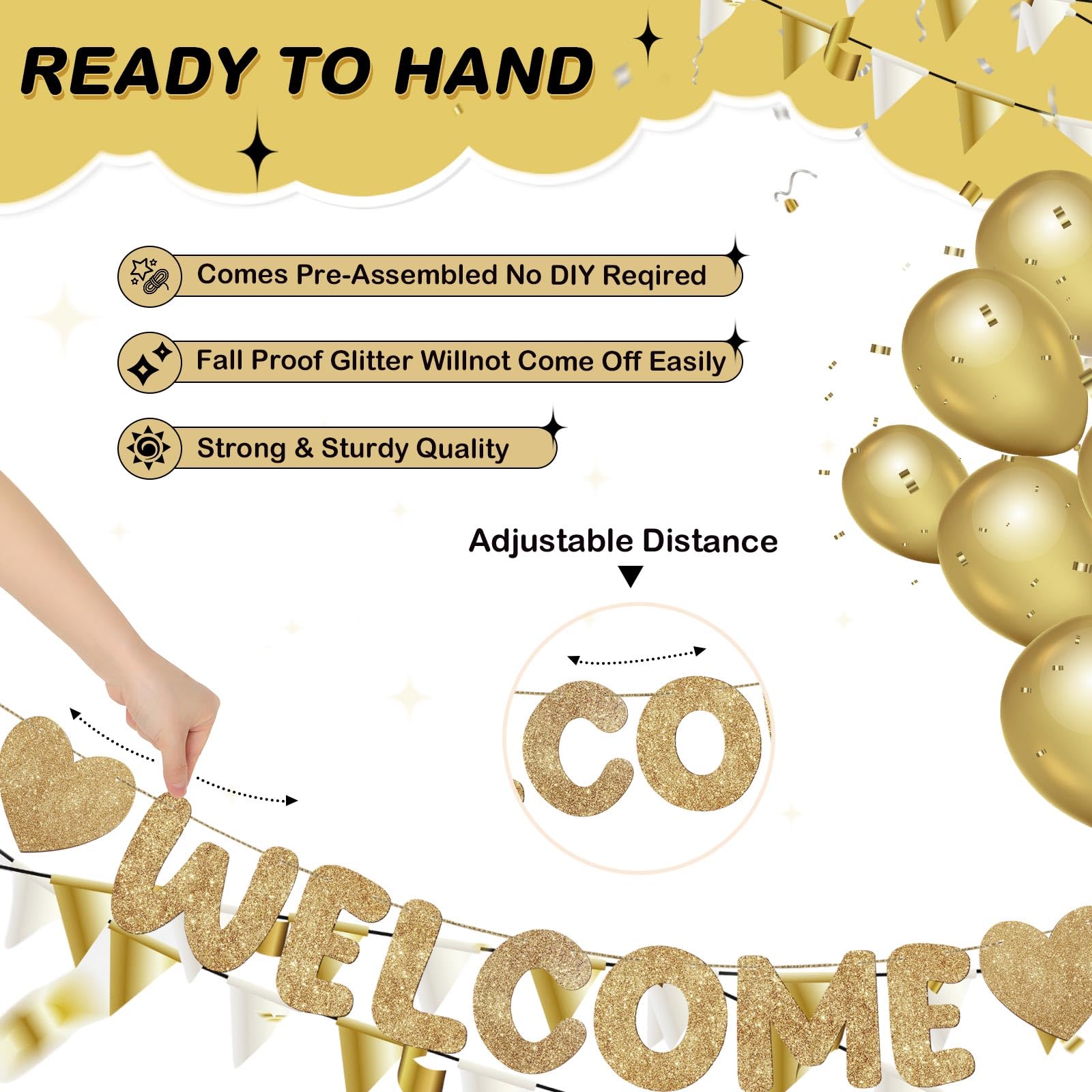 Fulmoon Pre Strung Welcome to the Team Banner – Champagne Gold, No DIY Needed | Glitter Office Decor