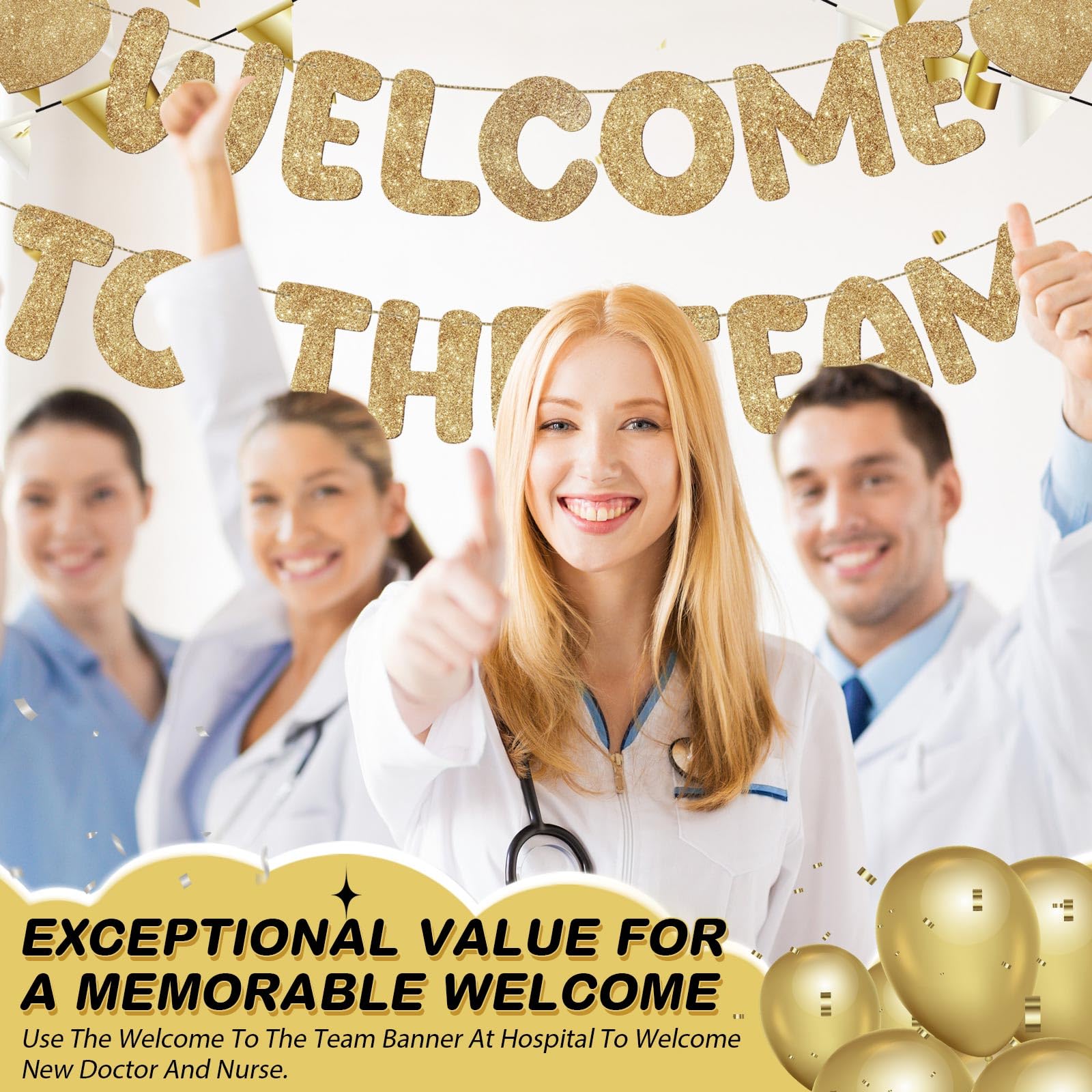Fulmoon Pre Strung Welcome to the Team Banner – Champagne Gold, No DIY Needed | Glitter Office Decor