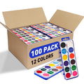 FUMILE 100 Pack Watercolor Paint Set for Kids — 12 Colors + Brush | Party Favors & Classroom Supplies