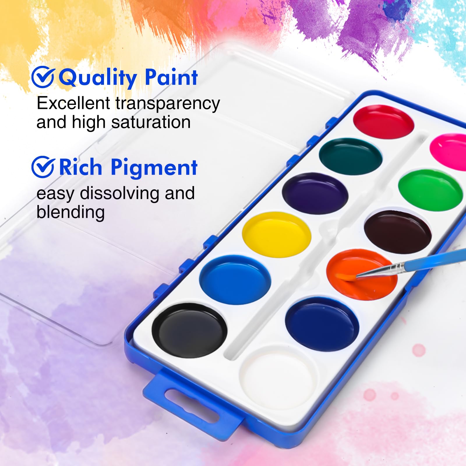 FUMILE 100 Pack Watercolor Paint Set for Kids — 12 Colors + Brush | Party Favors & Classroom Supplies