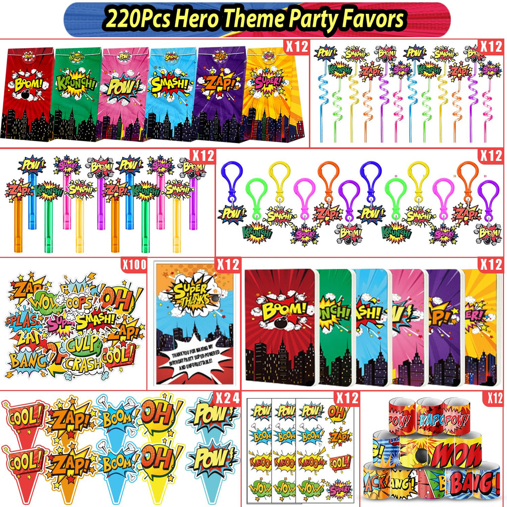 Fumogym 220PCS Hero Party Favors Kit – 12 Themed Sets with Goodie Bags, Straws, Bubble Wands & Notebooks
