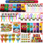 Fumogym 220PCS Hero Party Favors Kit – 12 Themed Sets with Goodie Bags, Straws, Bubble Wands & Notebooks