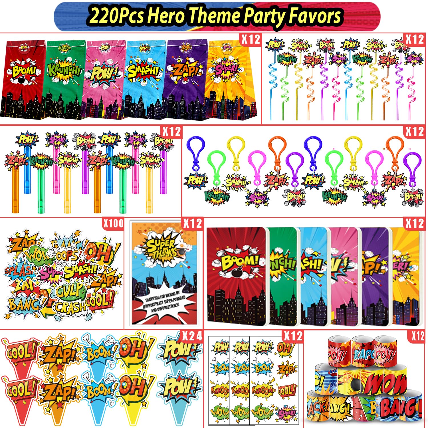 Fumogym 220PCS Hero Party Favors Kit – 12 Themed Sets with Goodie Bags, Straws, Bubble Wands & Notebooks