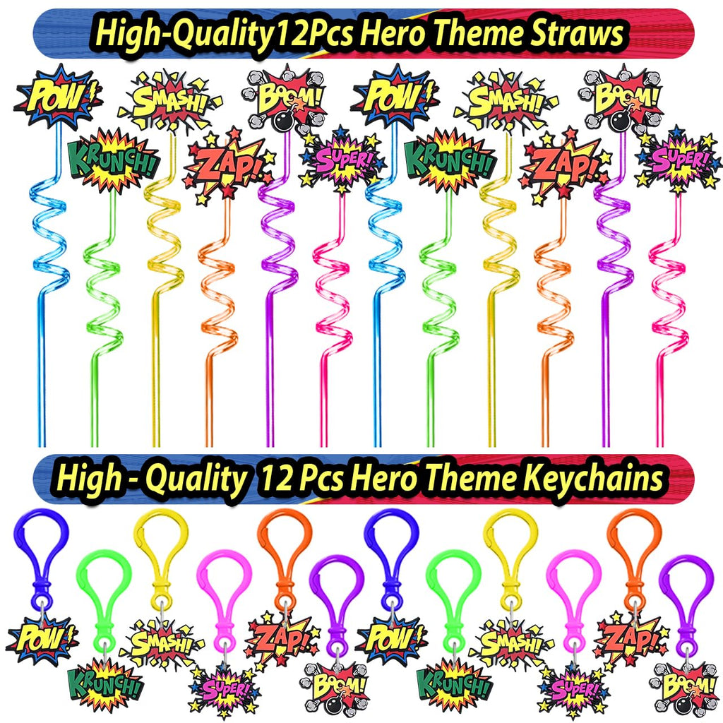 Fumogym 220PCS Hero Party Favors Kit – 12 Themed Sets with Goodie Bags, Straws, Bubble Wands & Notebooks