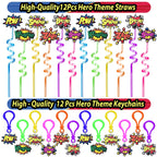 Fumogym 220PCS Hero Party Favors Kit – 12 Themed Sets with Goodie Bags, Straws, Bubble Wands & Notebooks