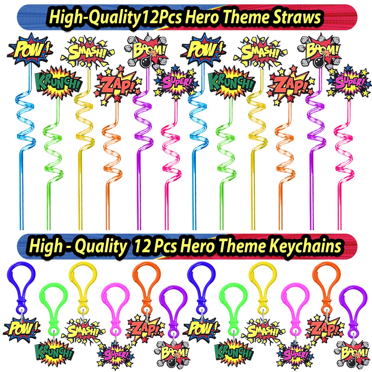 Fumogym 220PCS Hero Party Favors Kit – 12 Themed Sets with Goodie Bags, Straws, Bubble Wands & Notebooks