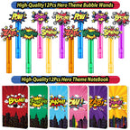 Fumogym 220PCS Hero Party Favors Kit – 12 Themed Sets with Goodie Bags, Straws, Bubble Wands & Notebooks