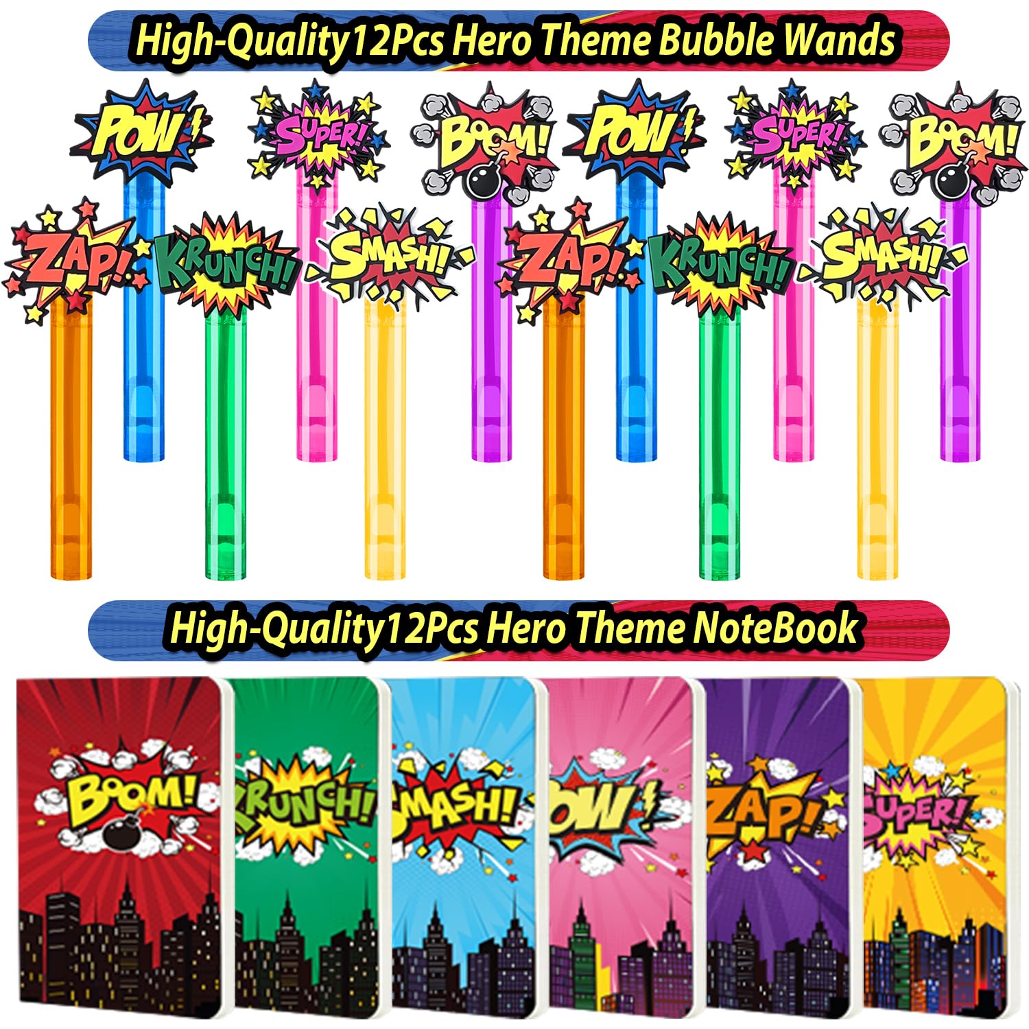 Fumogym 220PCS Hero Party Favors Kit – 12 Themed Sets with Goodie Bags, Straws, Bubble Wands & Notebooks