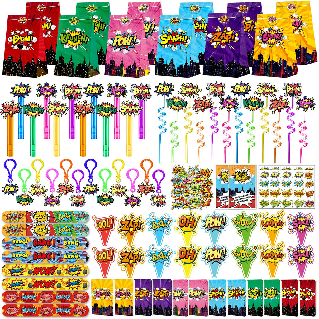 Fumogym 220PCS Hero Party Favors Kit – 12 Themed Sets with Goodie Bags, Straws, Bubble Wands & Notebooks