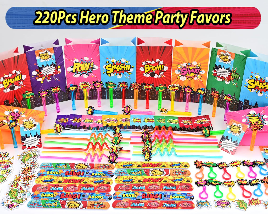 Fumogym 220PCS Hero Party Favors Kit – 12 Themed Sets with Goodie Bags, Straws, Bubble Wands & Notebooks