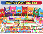 Fumogym 220PCS Hero Party Favors Kit – 12 Themed Sets with Goodie Bags, Straws, Bubble Wands & Notebooks