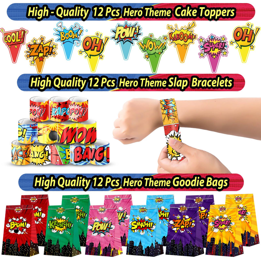Fumogym 220PCS Hero Party Favors Kit – 12 Themed Sets with Goodie Bags, Straws, Bubble Wands & Notebooks
