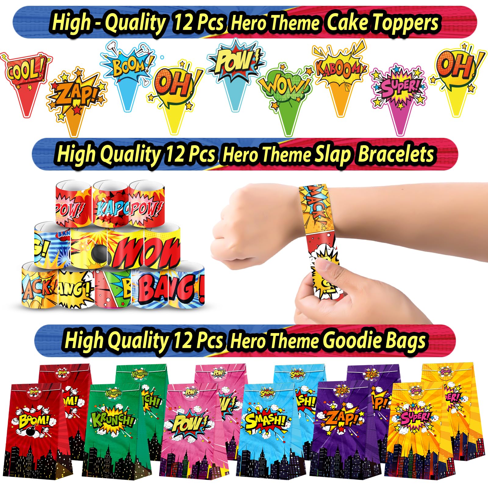 Fumogym 220PCS Hero Party Favors Kit – 12 Themed Sets with Goodie Bags, Straws, Bubble Wands & Notebooks