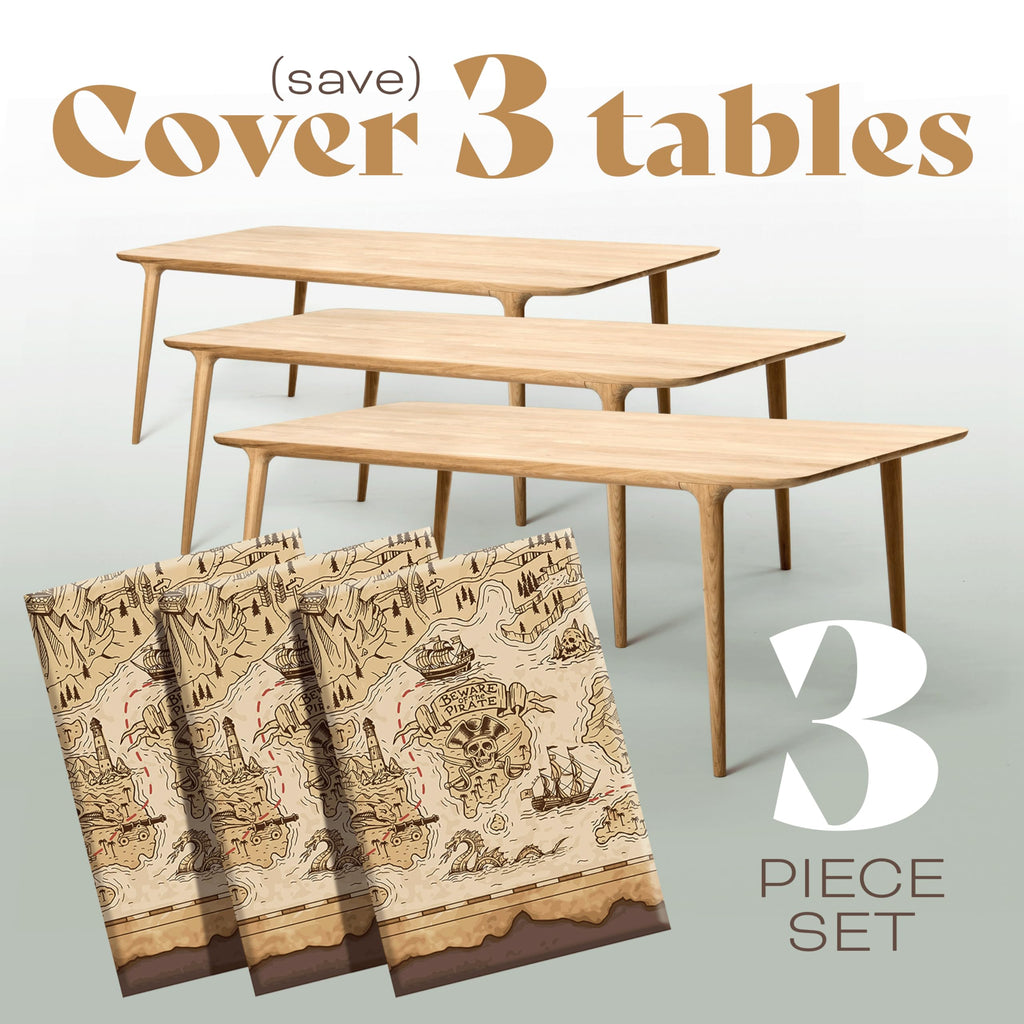 FUN RACCOON Pirate Tablecloth Set – 3pc Disposable Rectangular Covers with Vintage Map & Ships