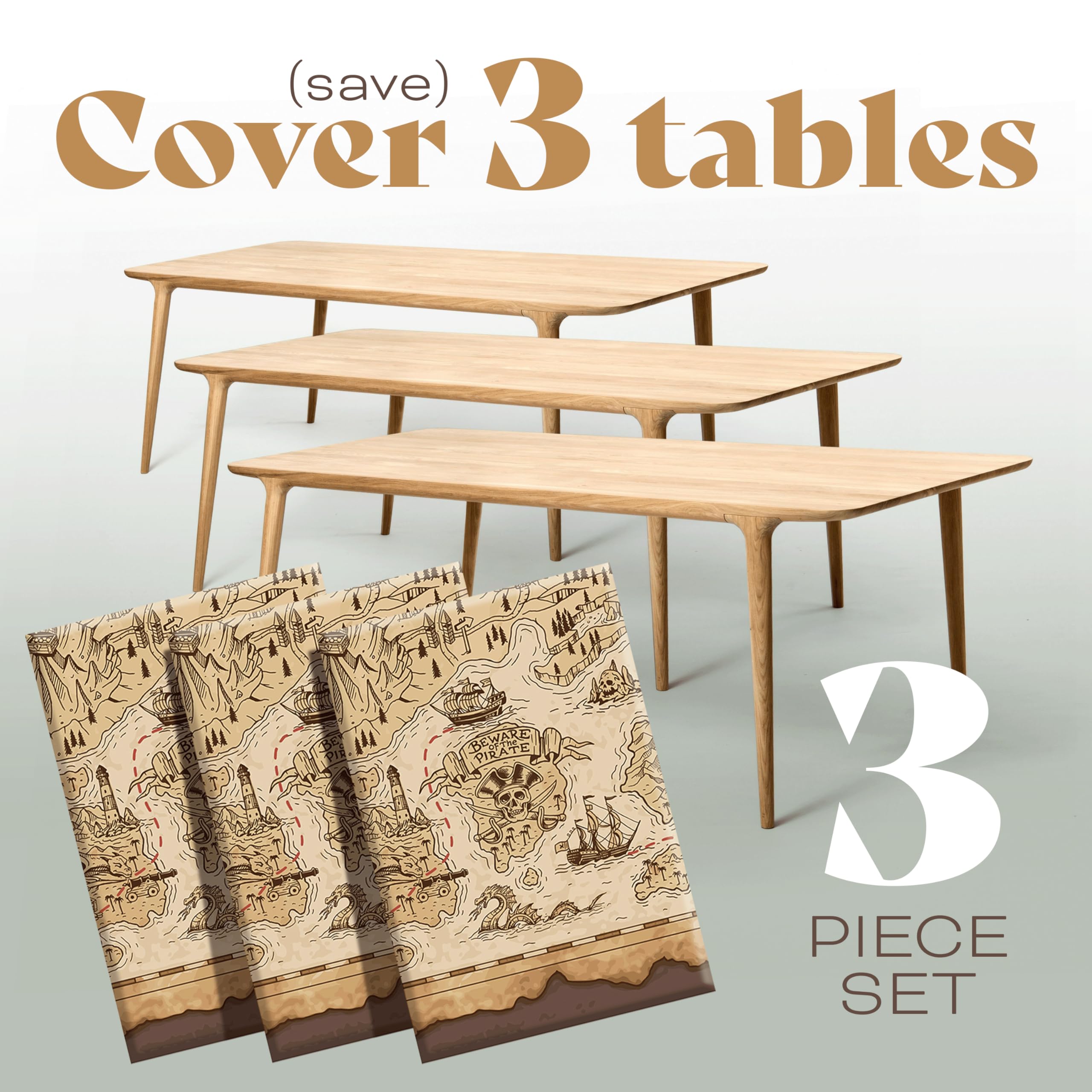 FUN RACCOON Pirate Tablecloth Set – 3pc Disposable Rectangular Covers with Vintage Map & Ships