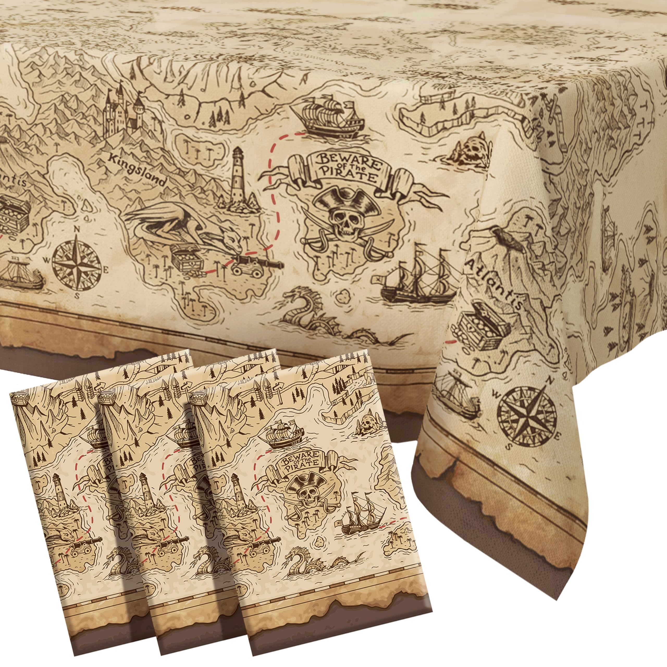 FUN RACCOON Pirate Tablecloth Set – 3pc Disposable Rectangular Covers with Vintage Map & Ships