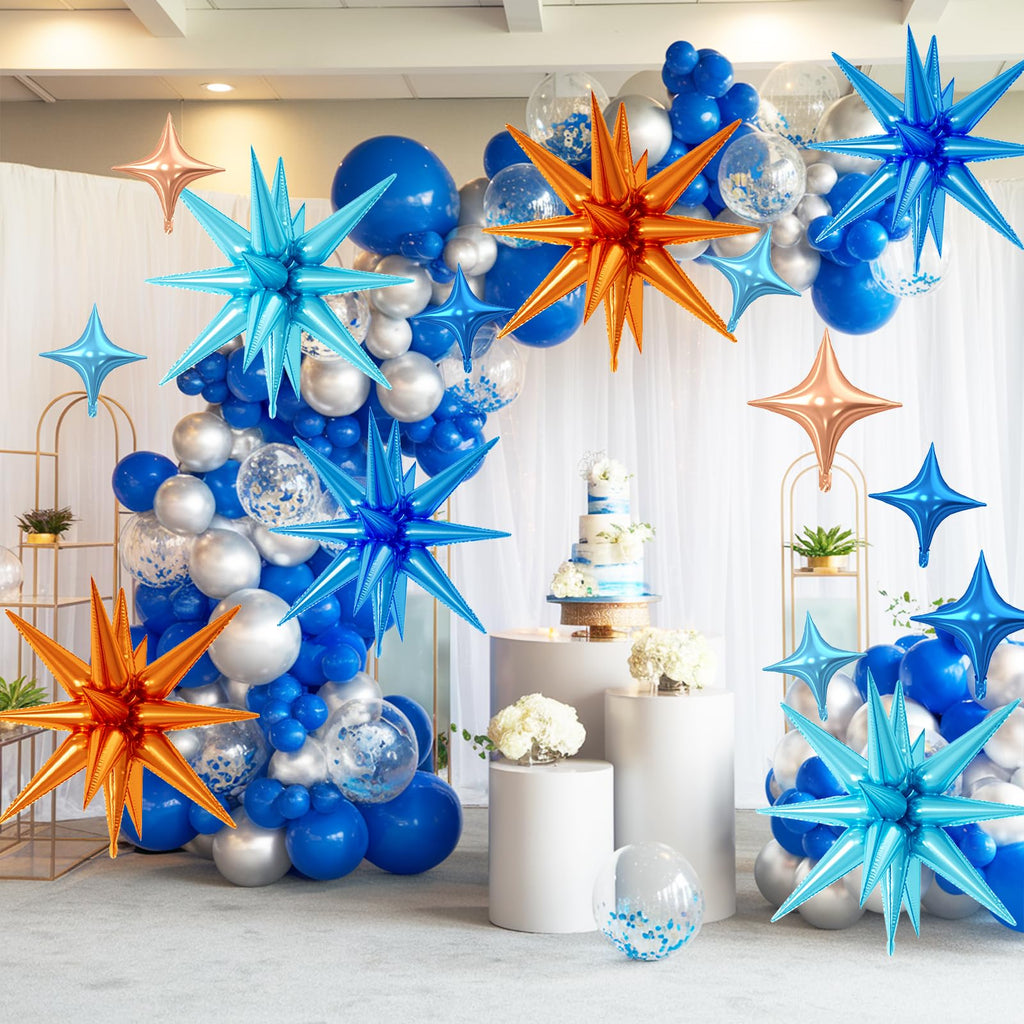 FunHot 18 Pcs Blue and Orange Star Balloons - 6x 22-Inch Explosion Stars + 12x 10-Inch Four-Point Stars