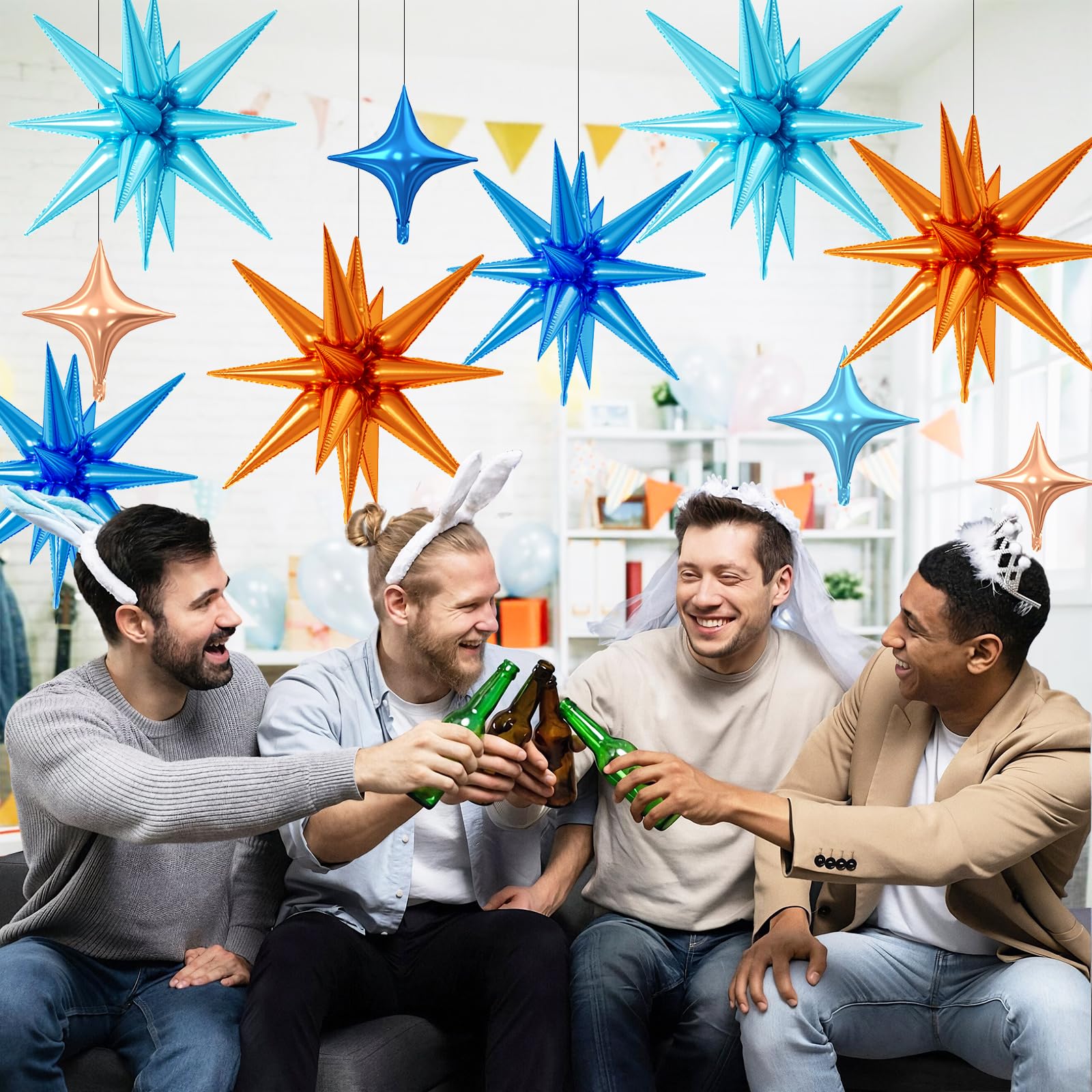 FunHot 18 Pcs Blue and Orange Star Balloons - 6x 22-Inch Explosion Stars + 12x 10-Inch Four-Point Stars
