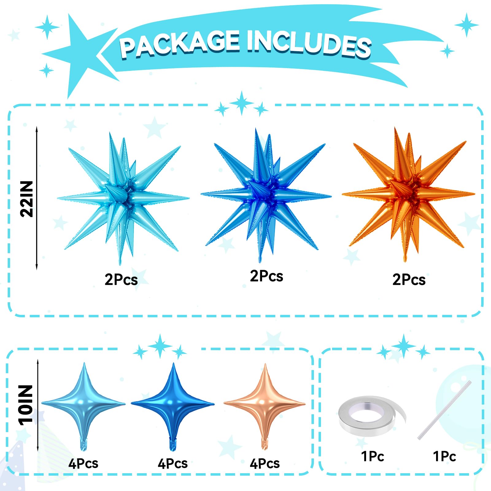 FunHot 18 Pcs Blue and Orange Star Balloons - 6x 22-Inch Explosion Stars + 12x 10-Inch Four-Point Stars