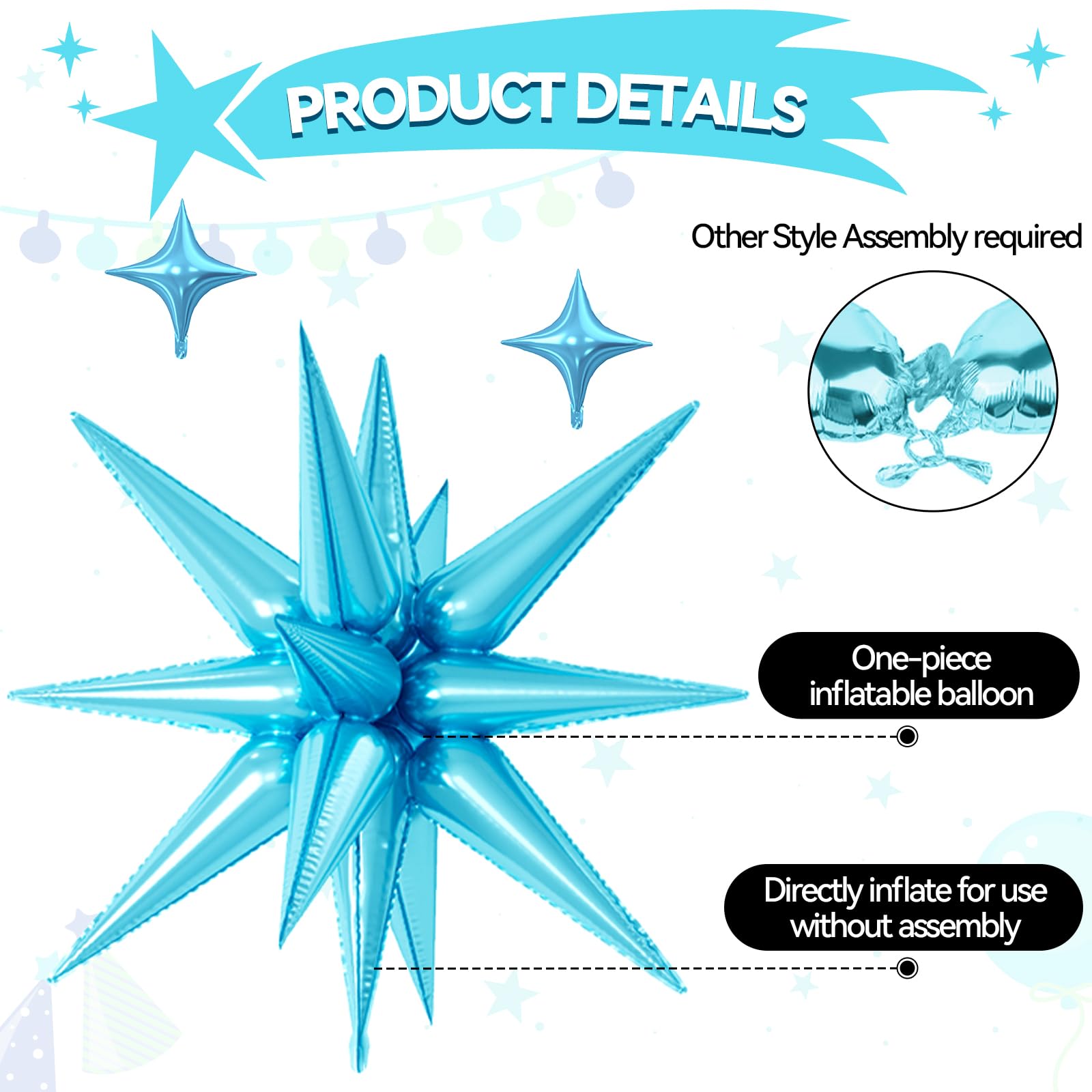 FunHot 18 Pcs Blue and Orange Star Balloons - 6x 22-Inch Explosion Stars + 12x 10-Inch Four-Point Stars