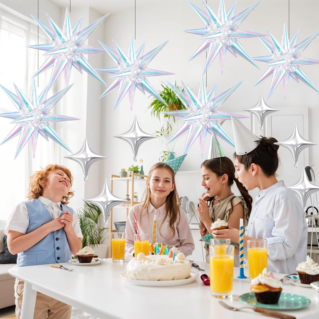 FunHot 18 Pcs Iridescent Star Balloons Set – 22in Explosion Stars + 12 Silver 10in Stars