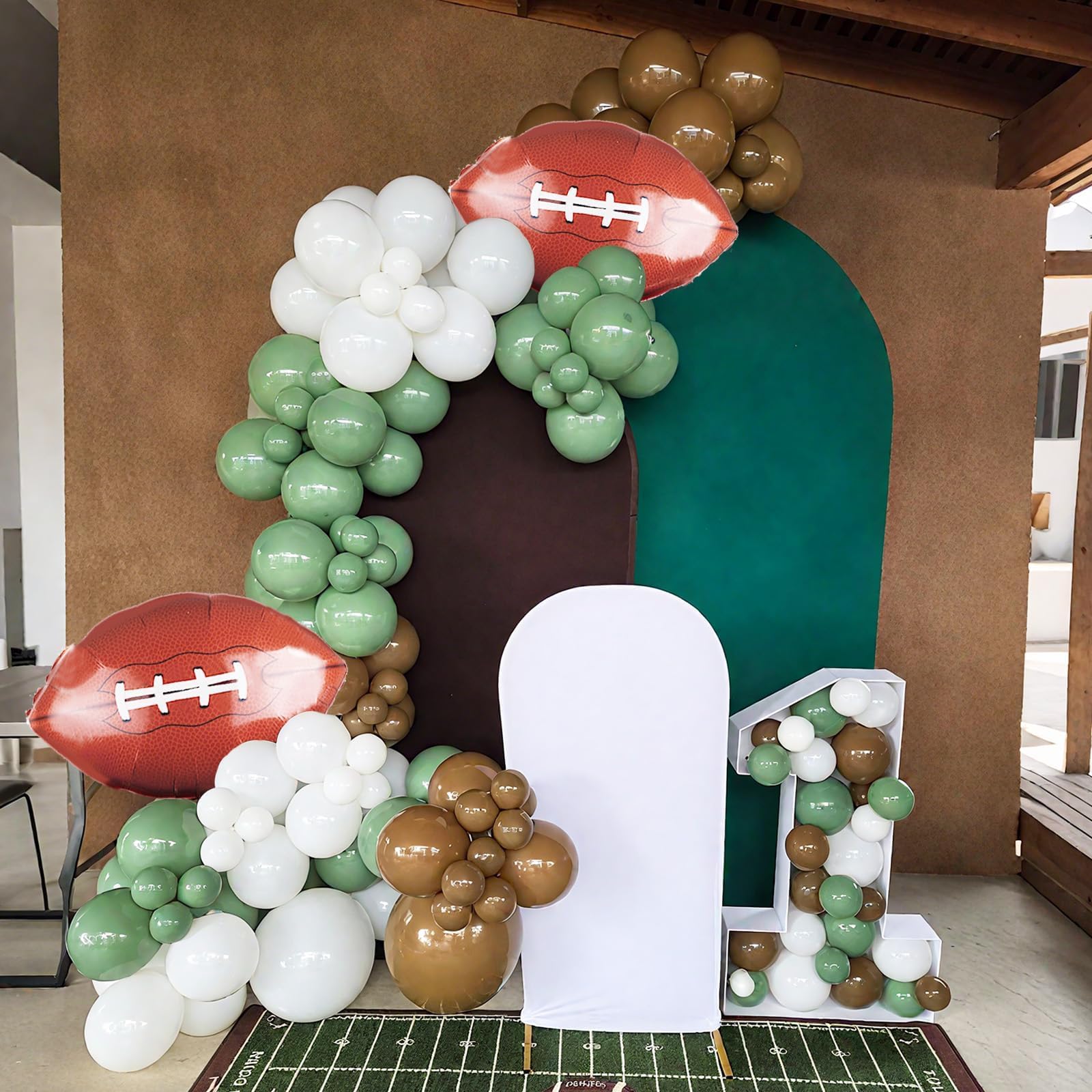 FunHot Football Balloons Kit – 12in Sage Green, White & Brown Football Print Balloons for Party Decor