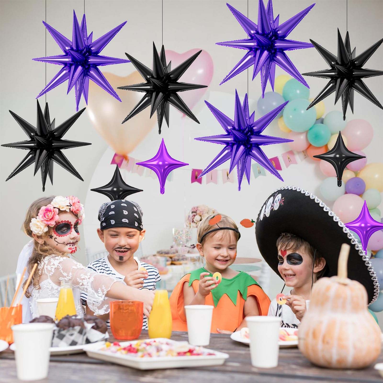 FunHot 18 Pcs Black Purple Star Balloons | 22-Inch Explosion Stars & 10-Inch Four-Point Stars