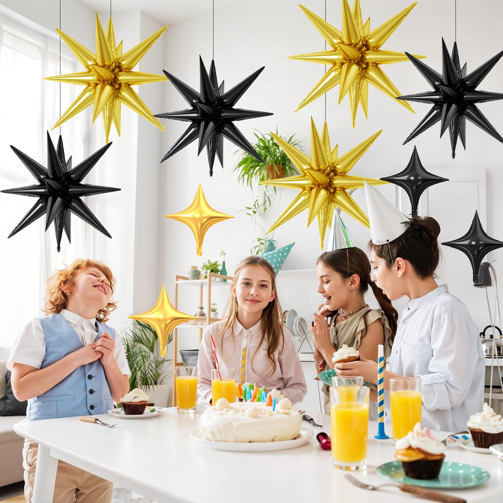 FunHot Black Gold Star Balloons – 18 Pcs Set with 6x22-Inch Explosion Stars & 12x10-Inch Four-Point Stars
