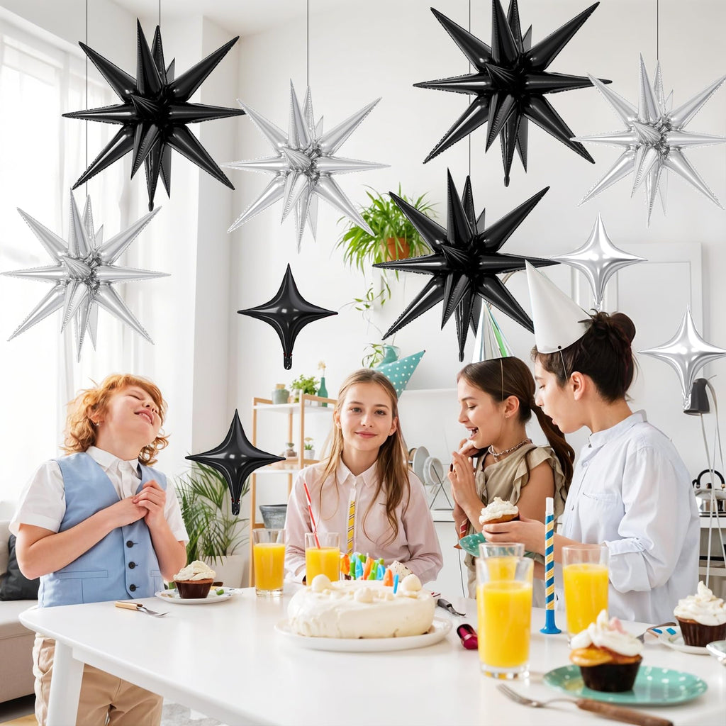 FunHot 18 Pcs Black Silver Star Balloons – 22-Inch Explosion Stars & 10-Inch Foil Balloons for Party Decor