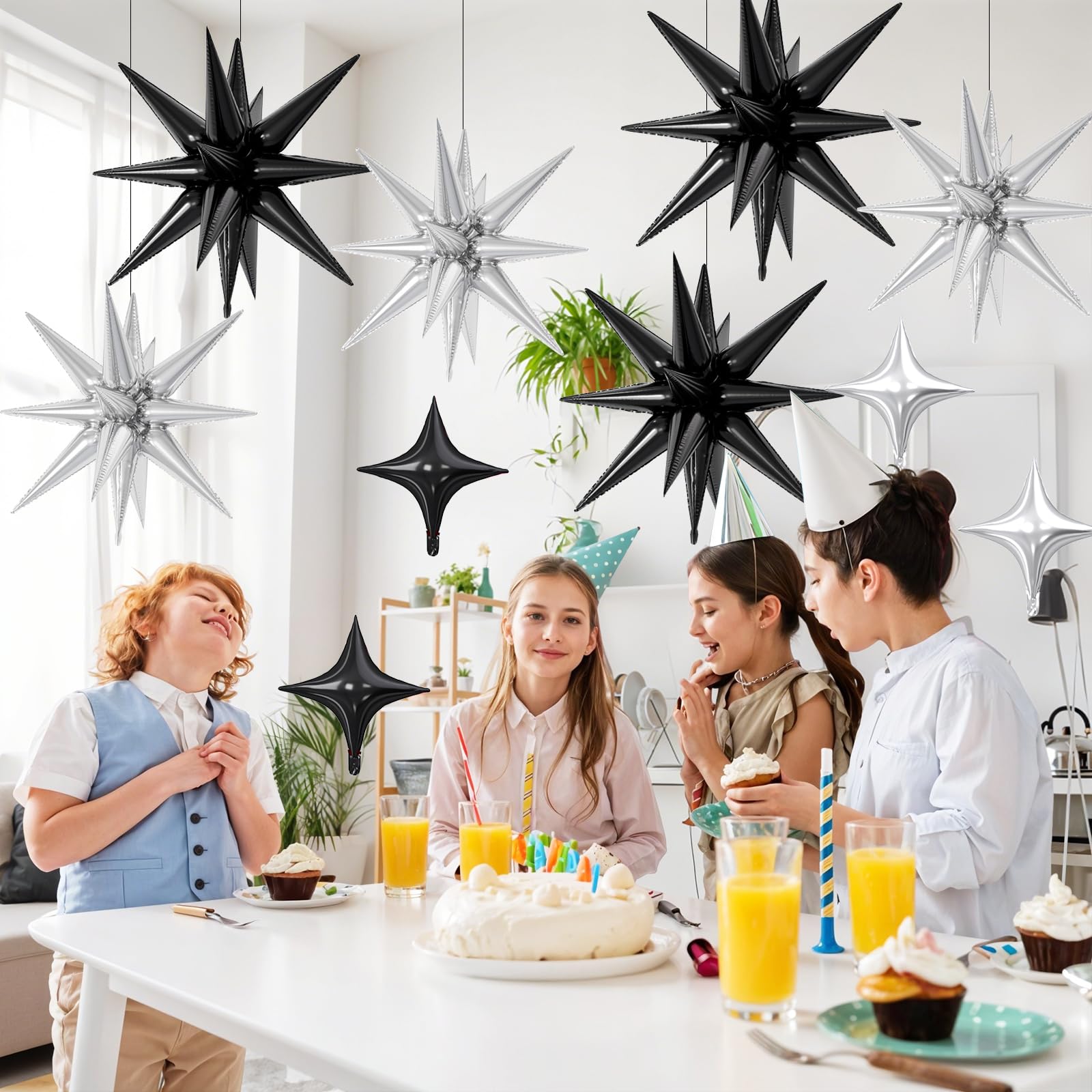 FunHot 18 Pcs Black Silver Star Balloons – 22-Inch Explosion Stars & 10-Inch Foil Balloons for Party Decor