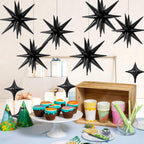 FunHot 18 Pcs Black Star Balloons — 22in Explosion + 10in Four-Point Foil Balloons for Party Decor