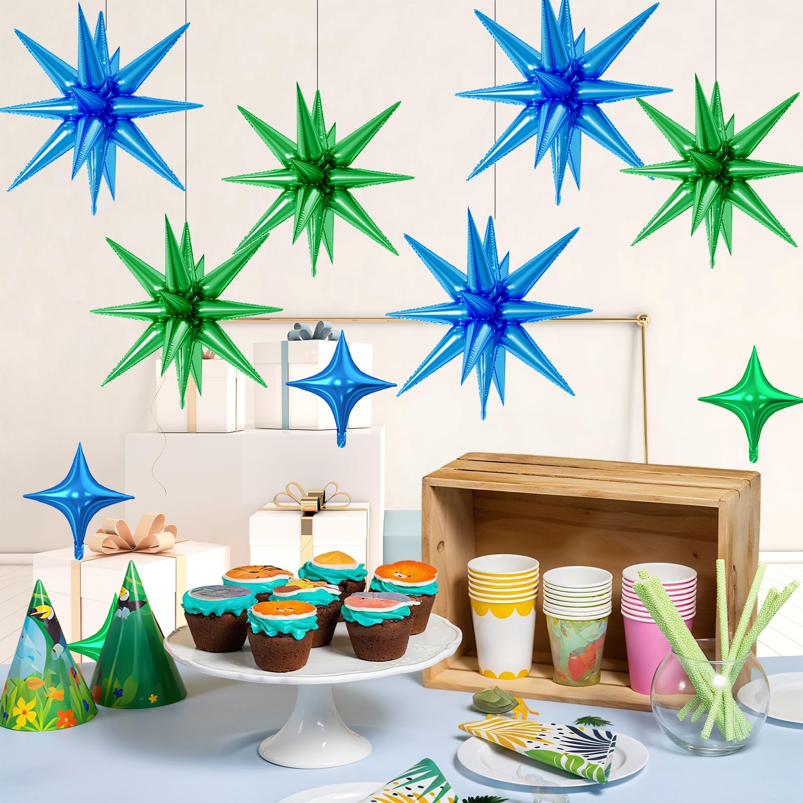 FunHot 18 Pcs Green & Blue Star Balloons – 22-Inch Explosion Star & 10-Inch Four-Point Foil Balloons for Dinosaur Theme Parties