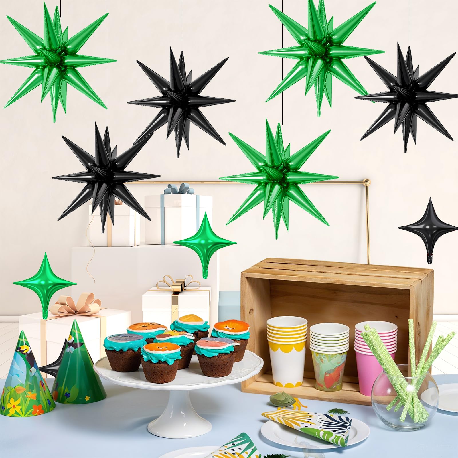 FunHot 18 Pcs Black & Green Star Balloons – Explosion & Four-Point Foil Balloons for Parties