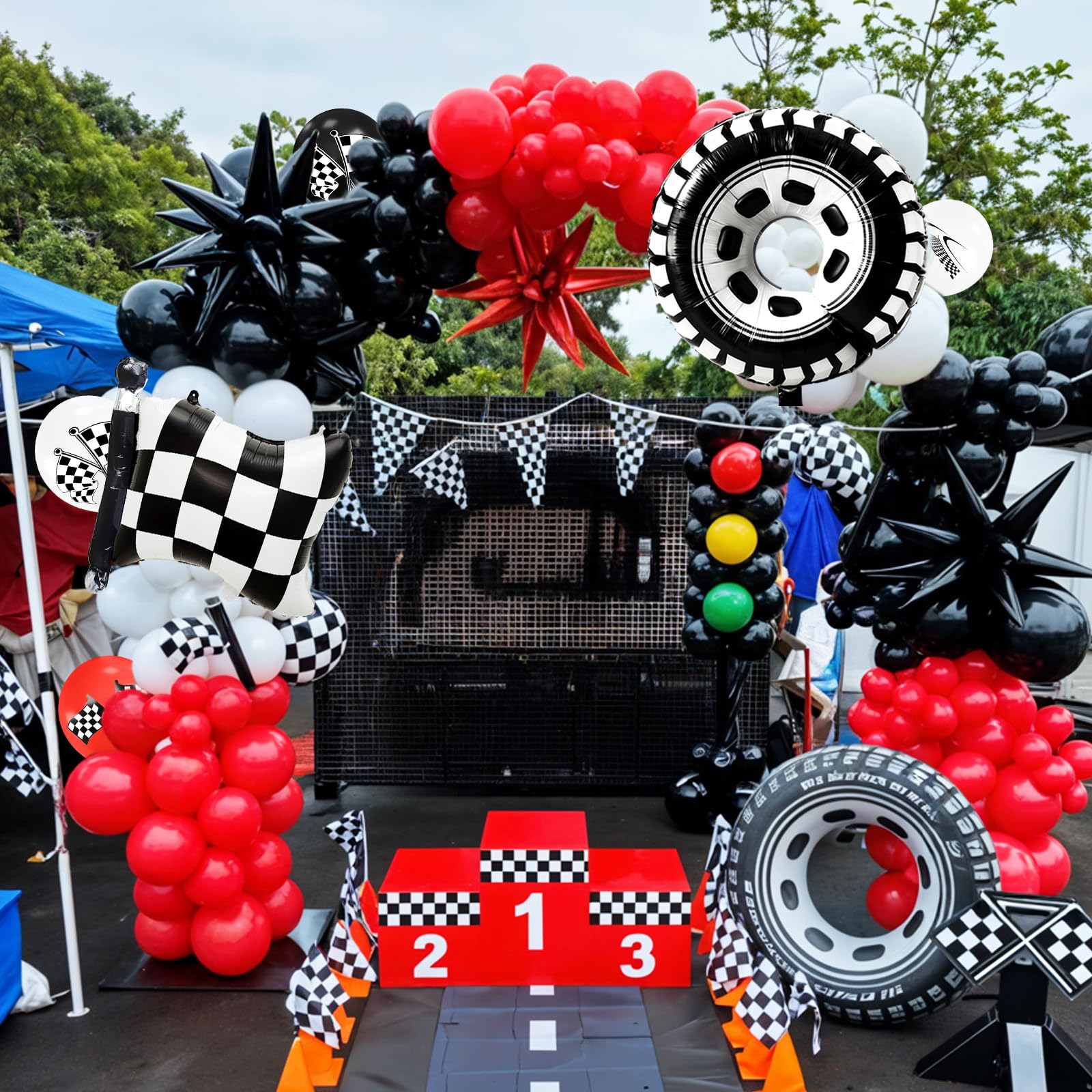 FunHot Race Car Balloons – Checkered Flag & Tire Foil Set for Racing Theme Parties
