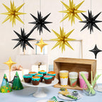 FunHot Black Gold Star Balloons – 18 Pcs Set with 6x22-Inch Explosion Stars & 12x10-Inch Four-Point Stars