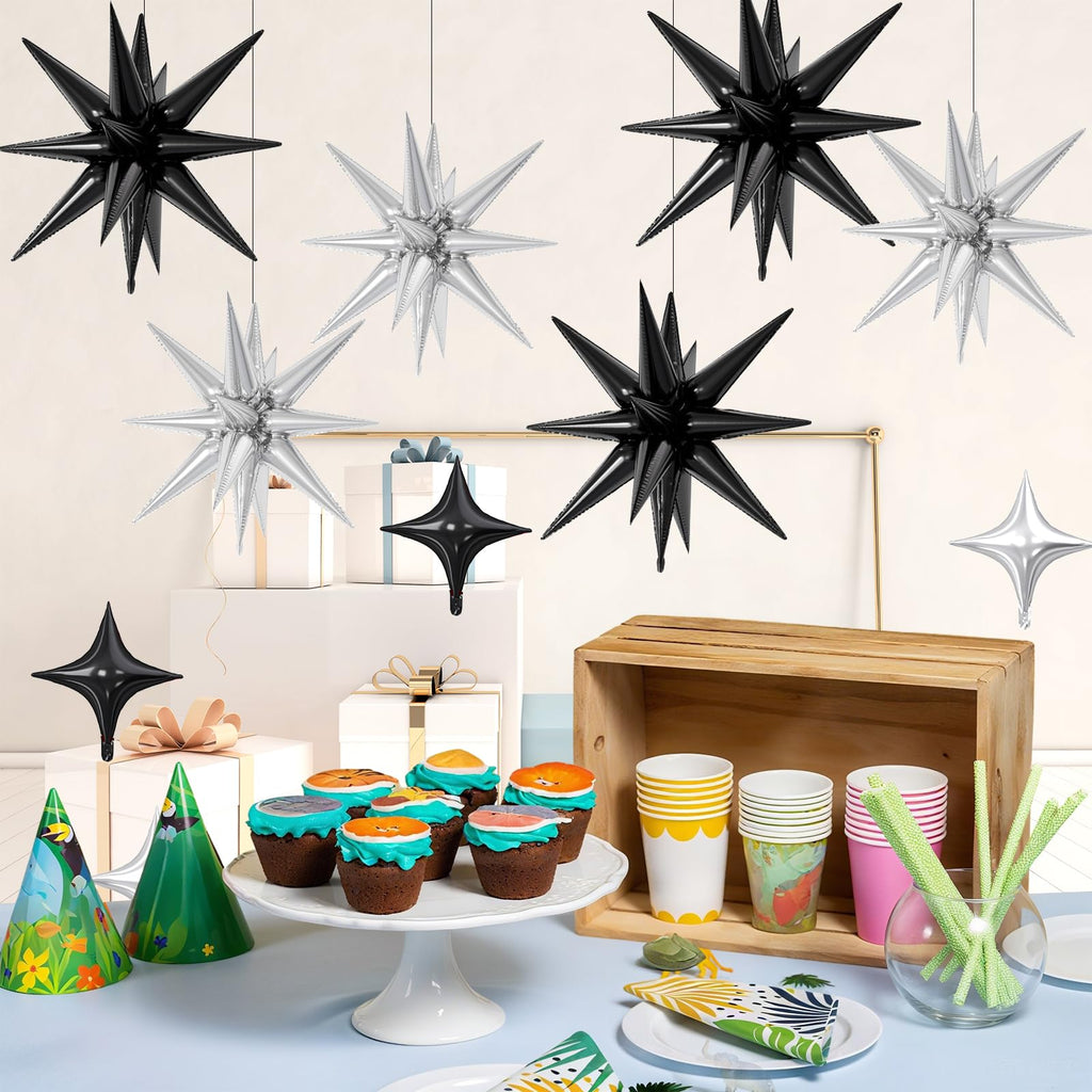 FunHot 18 Pcs Black Silver Star Balloons – 22-Inch Explosion Stars & 10-Inch Foil Balloons for Party Decor