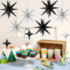 FunHot 18 Pcs Black Silver Star Balloons – 22-Inch Explosion Stars & 10-Inch Foil Balloons for Party Decor