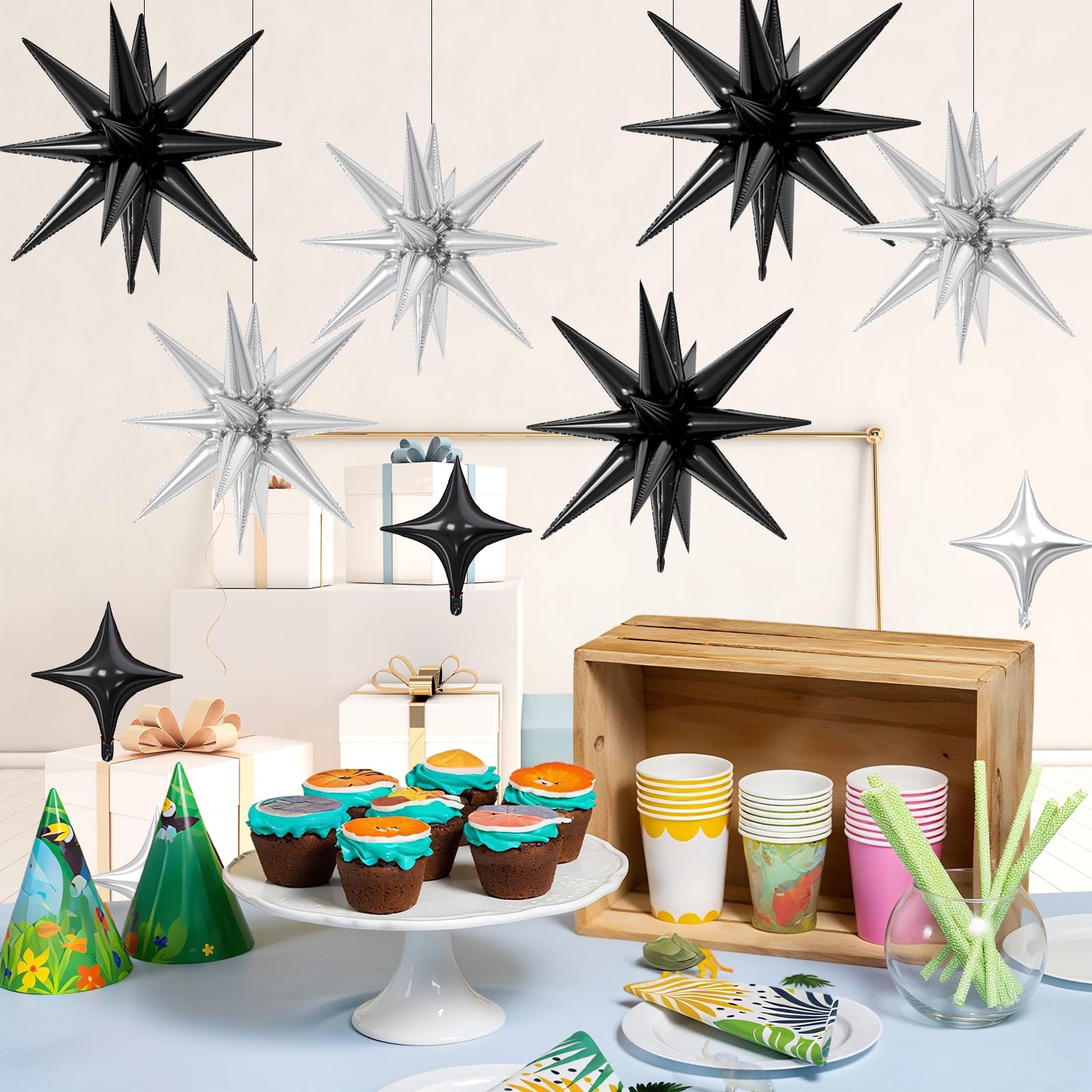 FunHot 18 Pcs Black Silver Star Balloons – 22-Inch Explosion Stars & 10-Inch Foil Balloons for Party Decor