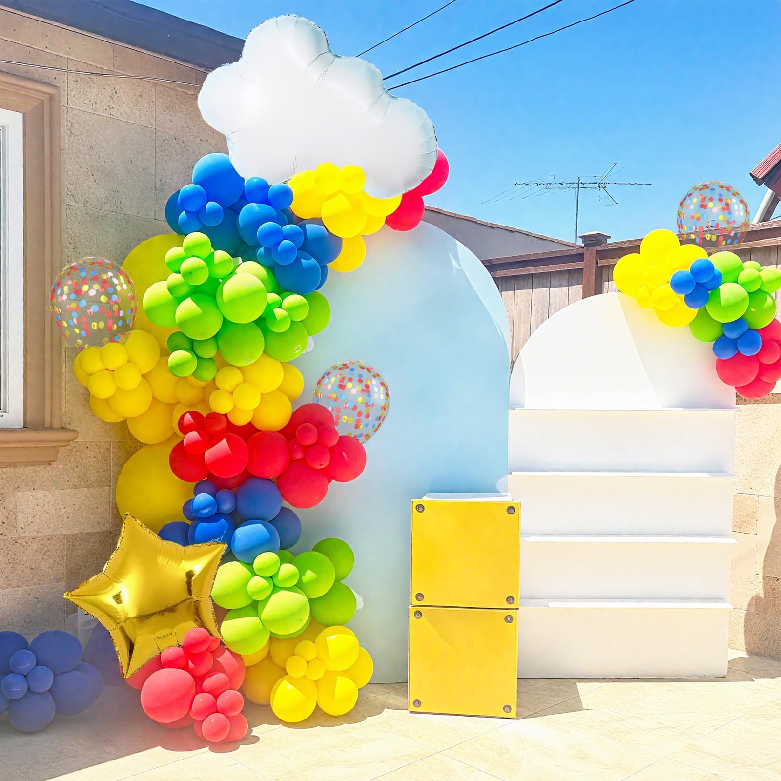 FunHot Red Yellow Blue Balloons Set – 12 Inch Confetti with Cloud & Gold Star Foil