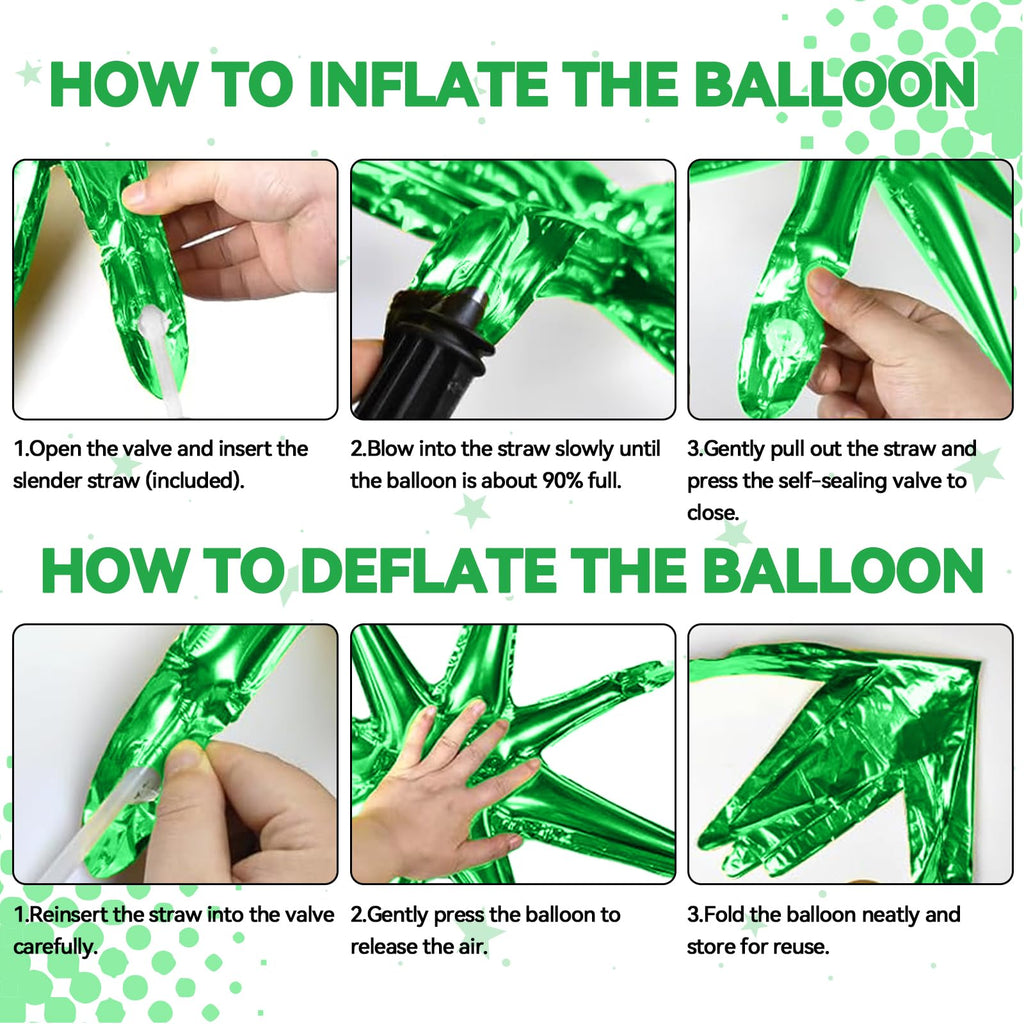 FunHot 18 Pcs Green & Blue Star Balloons – 22-Inch Explosion Star & 10-Inch Four-Point Foil Balloons for Dinosaur Theme Parties