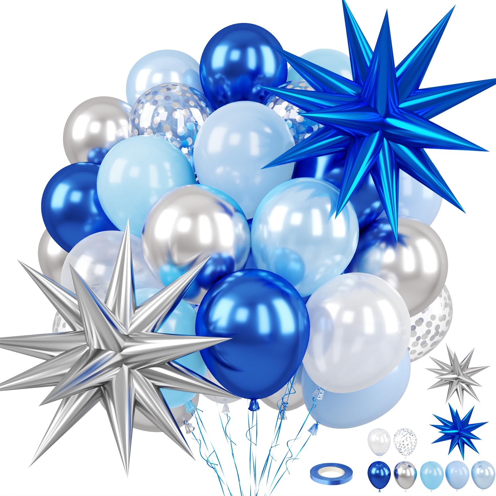 FunHot Blue & Silver Balloons with Star Foils — Navy & Light Blue Party Decor