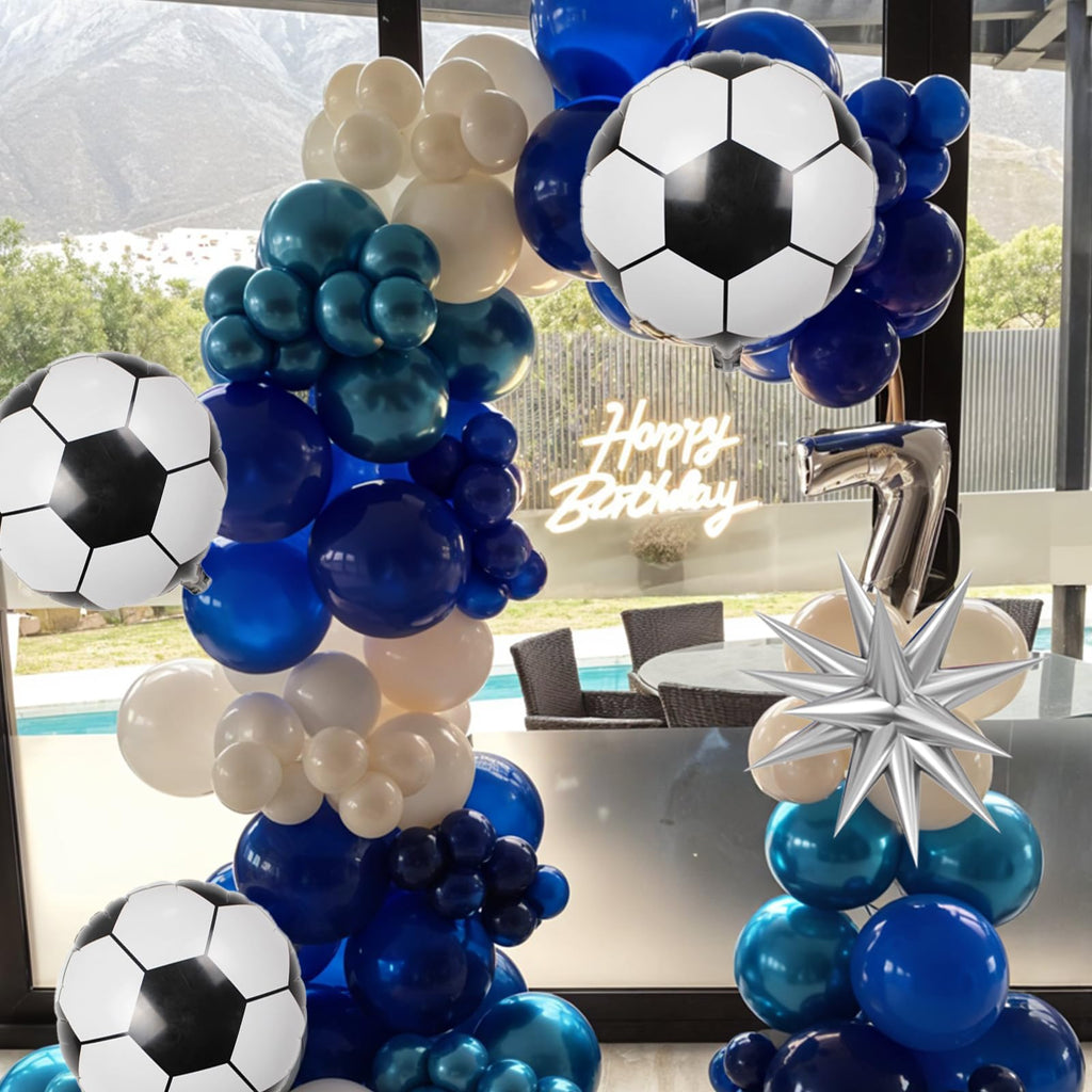 FunHot Blue Soccer Balloons Set – Navy, Metallic Blue, White & Silver Foil Balloons for Soccer Party Decor