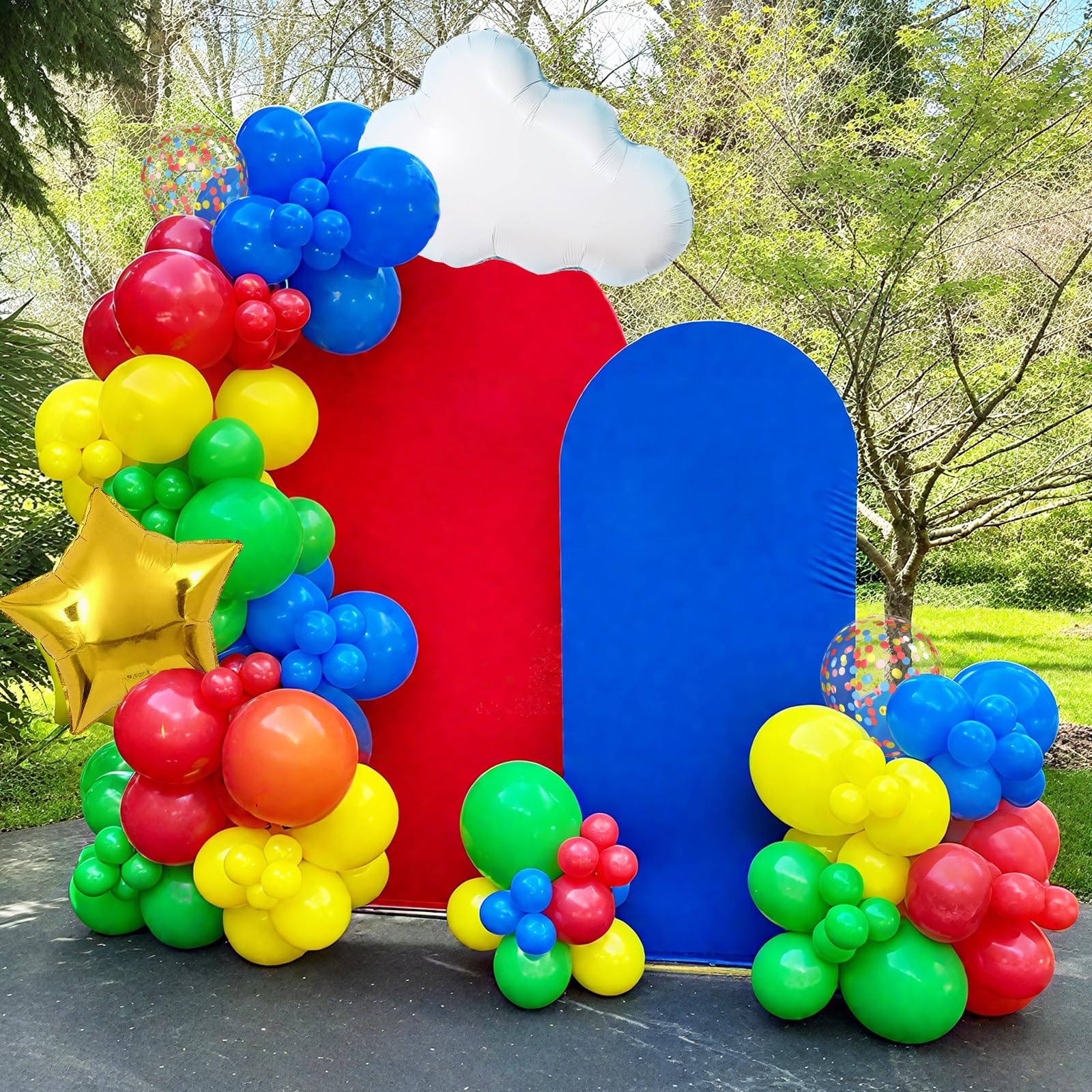 FunHot Red Yellow Blue Balloons Set – 12 Inch Confetti with Cloud & Gold Star Foil