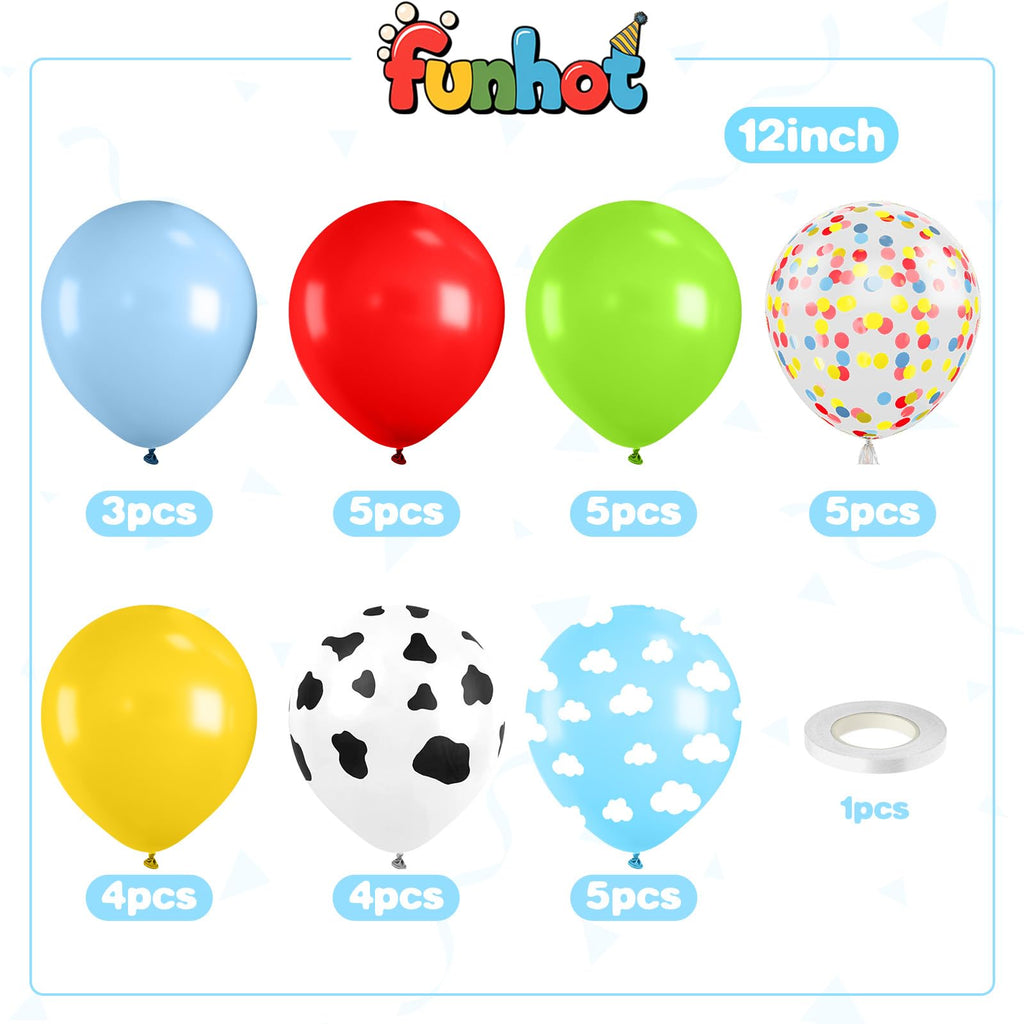 FunHot Red Yellow Blue Balloons Kit – 12 Inch Cow Print, Sky Cloud Print & Confetti for Kids' Parties
