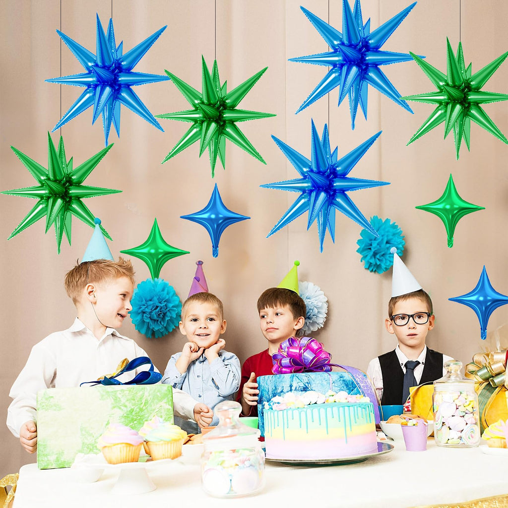 FunHot 18 Pcs Green & Blue Star Balloons – 22-Inch Explosion Star & 10-Inch Four-Point Foil Balloons for Dinosaur Theme Parties